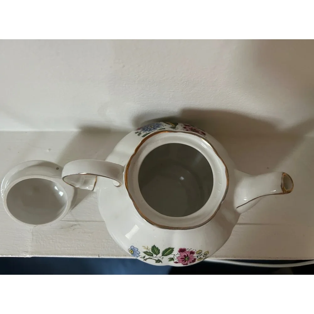 Ellgreave Wood & Sons Ironstone Teapot Bird and Floral Gold Gilt England 557 D